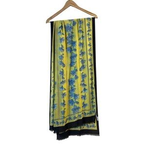 TALBOTS Large Bordered Floral Scarf, yellow with blue geraniums? & tan stripes